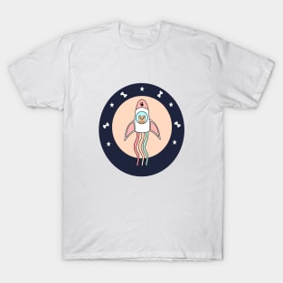 Kawaii dog flying in a space rocket to another galaxy T-Shirt